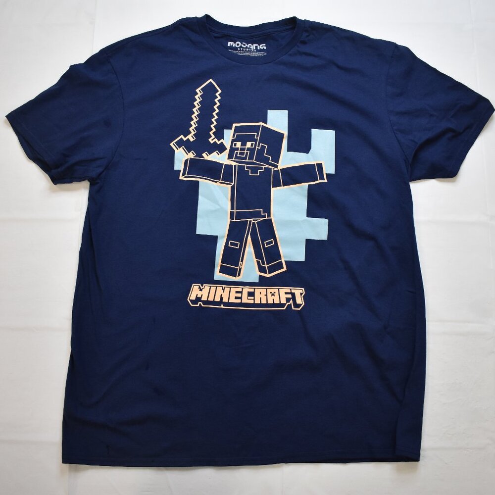 Mojang Studios Mens Minecraft Steve Holding Diamond Sword Navy Shirt New